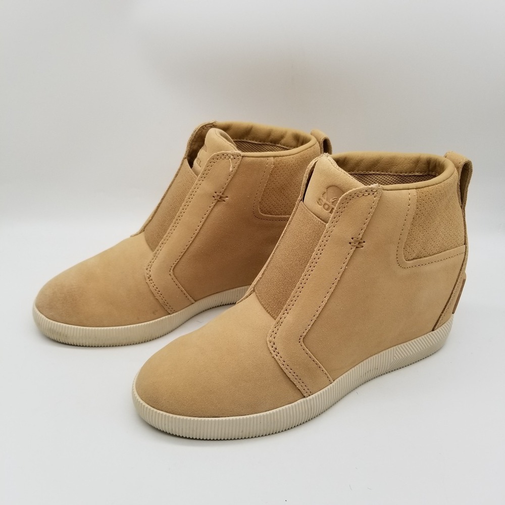 SOREL Women Out N Abou Pull-On Wedge Ankle Boots Sz 7.5 Camel Brown Leather
